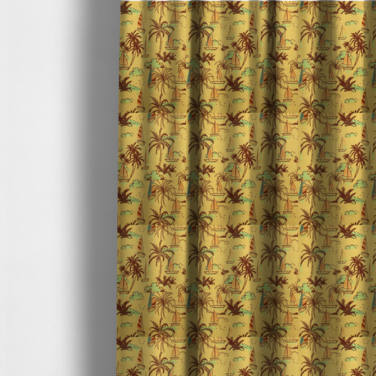The fabric used to create these made-to-measure curtains is a vintage Hawaiian-style fabric pattern with a warm mustard yellow backdrop. The repeating pattern features a retro sketch-style illustration of a tropical beach resort scene. Slender, curved palm trees drawn in dark chocolate brown line work populate the landscape alongside soft mint green bushes and distant mountains.