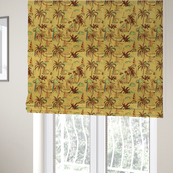 The fabric used to create these Roman blinds is a vintage Hawaiian-style fabric pattern with a warm mustard yellow backdrop. The repeating pattern features a retro sketch-style illustration of a tropical beach resort scene. Slender, curved palm trees drawn in dark chocolate brown line work populate the landscape alongside soft mint green bushes and distant mountains.