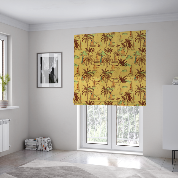 The fabric used to create these Roman blinds is a vintage Hawaiian-style fabric pattern with a warm mustard yellow backdrop. The repeating pattern features a retro sketch-style illustration of a tropical beach resort scene. Slender, curved palm trees drawn in dark chocolate brown line work populate the landscape alongside soft mint green bushes and distant mountains.