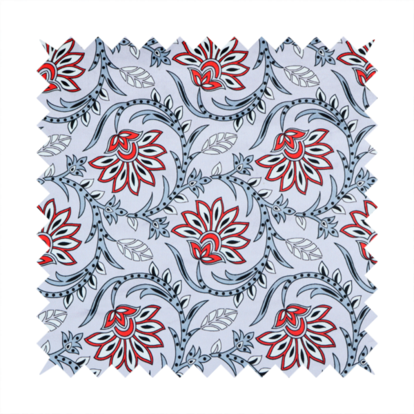 An ornate, traditional Kalamkari-style pattern of swirling grey vines and large lotus-like flowers with red and white petals on a light grey background.