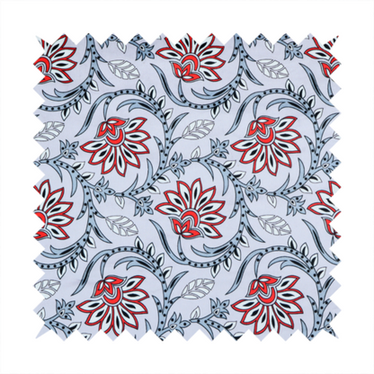 An ornate, traditional Kalamkari-style pattern of swirling grey vines and large lotus-like flowers with red and white petals on a light grey background.