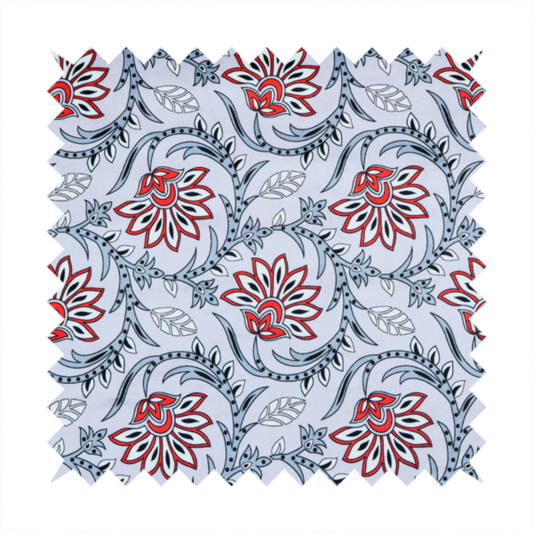 An ornate, traditional Kalamkari-style pattern of swirling grey vines and large lotus-like flowers with red and white petals on a light grey background.