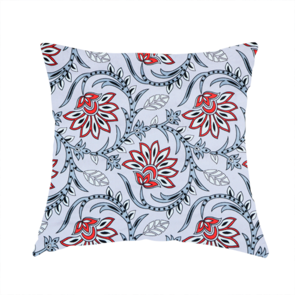 The fabric used to create this handmade cushion is a ornate, traditional Kalamkari-style pattern of swirling grey vines and large lotus-like flowers with red and white petals on a light grey background.