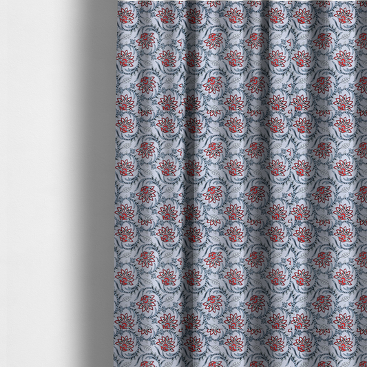 The fabric used to create these made-to-measure curtains is a ornate, traditional Kalamkari-style pattern of swirling grey vines and large lotus-like flowers with red and white petals on a light grey background.