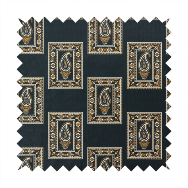 Fabric featuring a traditional repeating pattern of detailed white and gold paisley motifs, each enclosed within an ornate rectangular border on a charcoal black background.