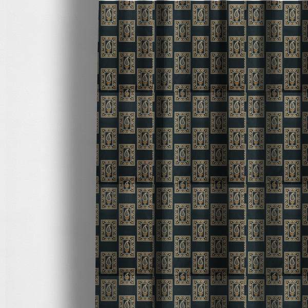 The fabric used to create these made-to-measure curtains is a featuring a traditional repeating pattern of detailed white and gold paisley motifs, each enclosed within an ornate rectangular border on a charcoal black background.