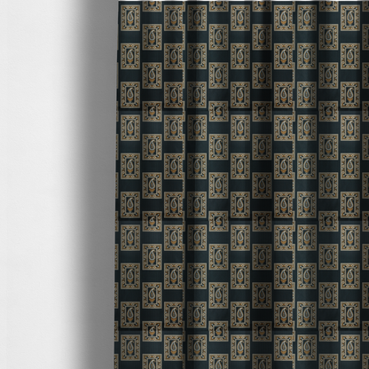The fabric used to create these made-to-measure curtains is a featuring a traditional repeating pattern of detailed white and gold paisley motifs, each enclosed within an ornate rectangular border on a charcoal black background.