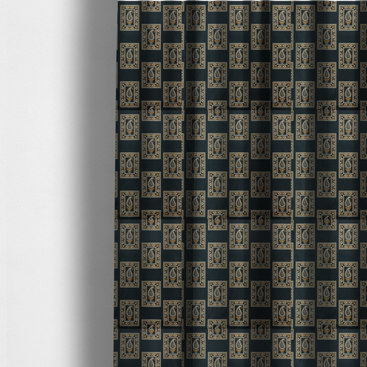 The fabric used to create these made-to-measure curtains is a featuring a traditional repeating pattern of detailed white and gold paisley motifs, each enclosed within an ornate rectangular border on a charcoal black background.