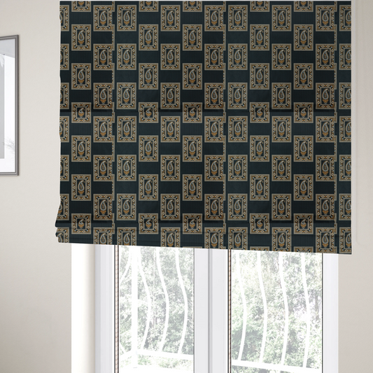 The fabric used to create these Roman blinds is a featuring a traditional repeating pattern of detailed white and gold paisley motifs, each enclosed within an ornate rectangular border on a charcoal black background.