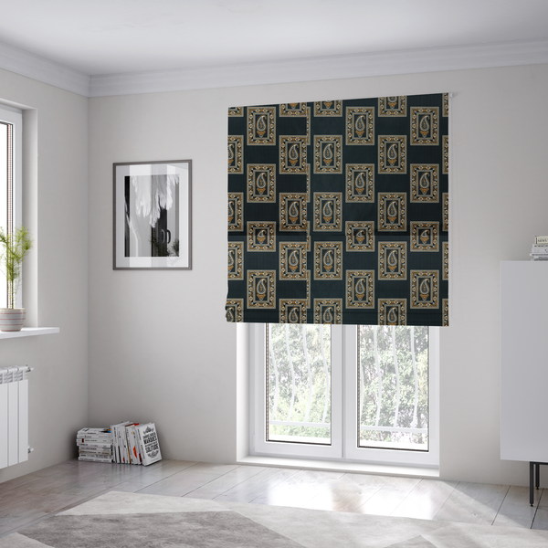 The fabric used to create these Roman blinds is a featuring a traditional repeating pattern of detailed white and gold paisley motifs, each enclosed within an ornate rectangular border on a charcoal black background.