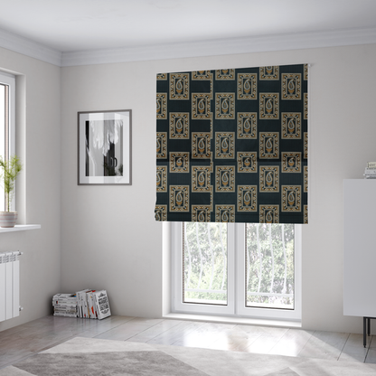 The fabric used to create these Roman blinds is a featuring a traditional repeating pattern of detailed white and gold paisley motifs, each enclosed within an ornate rectangular border on a charcoal black background.