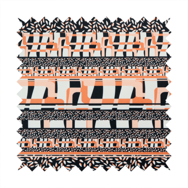 Fabric featuring a bold, multi-patterned horizontal striped design with alternating bands of geometric coral and cream blocks and dense black-and-white micro leaf speckles.