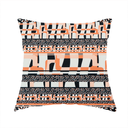 The fabric used to create this handmade cushion is a featuring a bold, multi-patterned horizontal striped design with alternating bands of geometric coral and cream blocks and dense black-and-white micro leaf speckles.