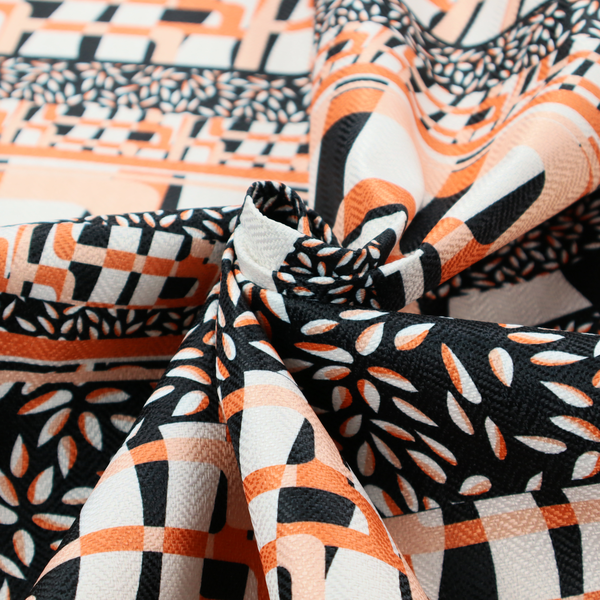 Fabric featuring a bold, multi-patterned horizontal striped design with alternating bands of geometric coral and cream blocks and dense black-and-white micro leaf speckles.