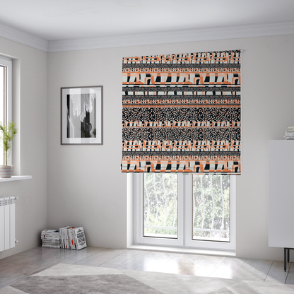 The fabric used to create these Roman blinds is a featuring a bold, multi-patterned horizontal striped design with alternating bands of geometric coral and cream blocks and dense black-and-white micro leaf speckles.