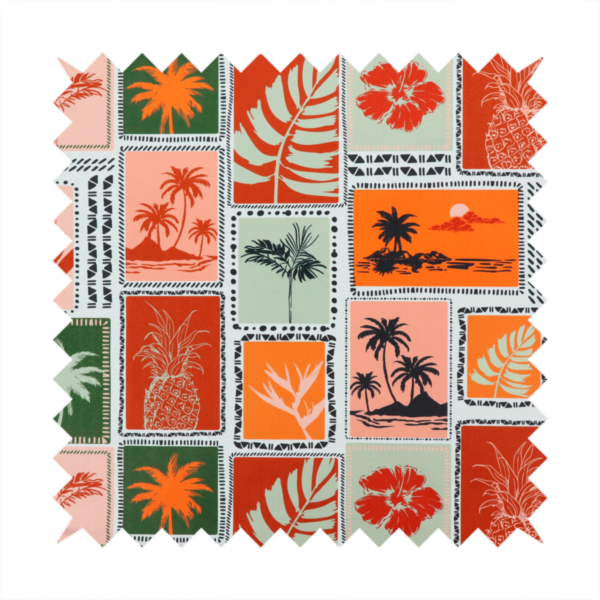 A retro tropical fabric pattern structured in a block-print postcard grid layout. The repeating design features rectangular tiles bordered by dashed and dotted black line work. Inside each tile is a distinct Hawaiian motif silhouette, including pineapples, hibiscus flowers, tropical monstera leaves, and sunset beach islands with palm trees.