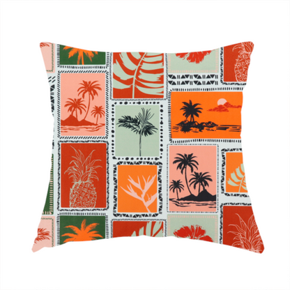 the fabric used to create this handmade cushion is a retro tropical fabric pattern structured in a block-print postcard grid layout. The repeating design features rectangular tiles bordered by dashed and dotted black line work. Inside each tile is a distinct Hawaiian motif silhouette, including pineapples, hibiscus flowers, tropical monstera leaves, and sunset beach islands with palm trees.