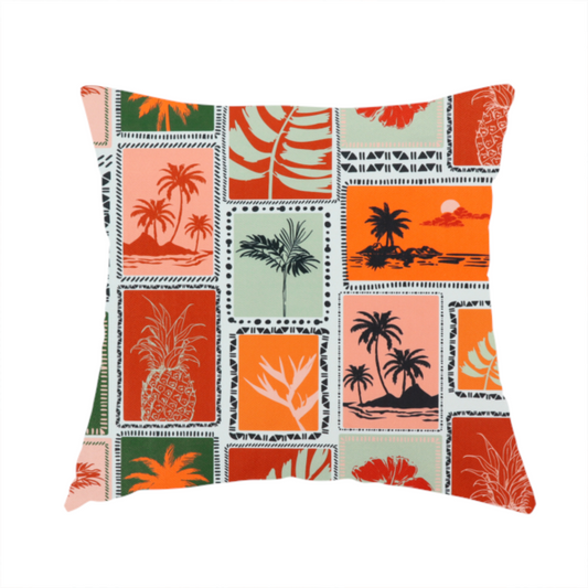 the fabric used to create this handmade cushion is a retro tropical fabric pattern structured in a block-print postcard grid layout. The repeating design features rectangular tiles bordered by dashed and dotted black line work. Inside each tile is a distinct Hawaiian motif silhouette, including pineapples, hibiscus flowers, tropical monstera leaves, and sunset beach islands with palm trees.