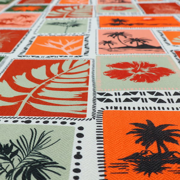 A retro tropical fabric pattern structured in a block-print postcard grid layout. The repeating design features rectangular tiles bordered by dashed and dotted black line work. Inside each tile is a distinct Hawaiian motif silhouette, including pineapples, hibiscus flowers, tropical monstera leaves, and sunset beach islands with palm trees.