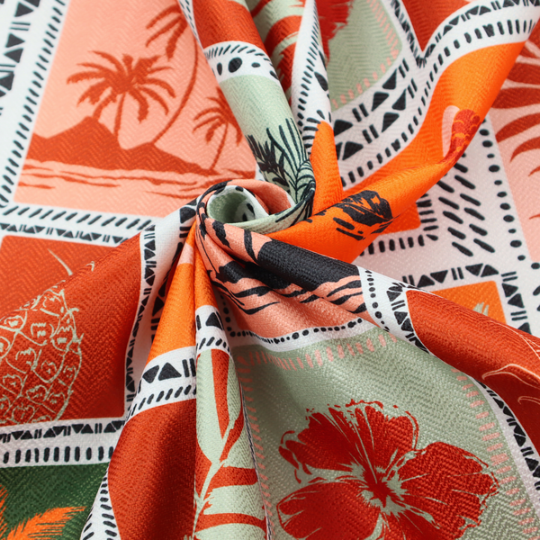A retro tropical fabric pattern structured in a block-print postcard grid layout. The repeating design features rectangular tiles bordered by dashed and dotted black line work. Inside each tile is a distinct Hawaiian motif silhouette, including pineapples, hibiscus flowers, tropical monstera leaves, and sunset beach islands with palm trees.