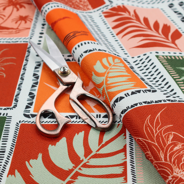 A retro tropical fabric pattern structured in a block-print postcard grid layout. The repeating design features rectangular tiles bordered by dashed and dotted black line work. Inside each tile is a distinct Hawaiian motif silhouette, including pineapples, hibiscus flowers, tropical monstera leaves, and sunset beach islands with palm trees.