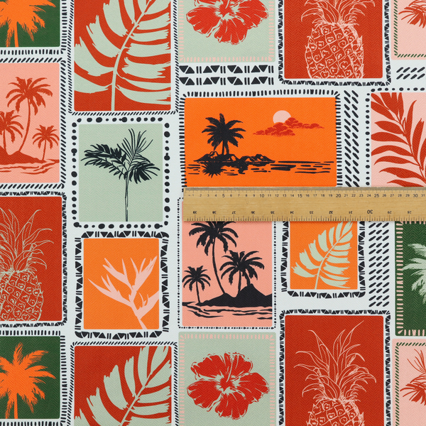 A retro tropical fabric pattern structured in a block-print postcard grid layout. The repeating design features rectangular tiles bordered by dashed and dotted black line work. Inside each tile is a distinct Hawaiian motif silhouette, including pineapples, hibiscus flowers, tropical monstera leaves, and sunset beach islands with palm trees.