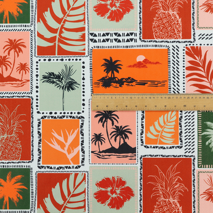 A retro tropical fabric pattern structured in a block-print postcard grid layout. The repeating design features rectangular tiles bordered by dashed and dotted black line work. Inside each tile is a distinct Hawaiian motif silhouette, including pineapples, hibiscus flowers, tropical monstera leaves, and sunset beach islands with palm trees.