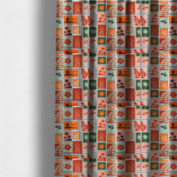 The fabric used to create these made-to-measure curtains is a retro tropical fabric pattern structured in a block-print postcard grid layout. The repeating design features rectangular tiles bordered by dashed and dotted black line work. Inside each tile is a distinct Hawaiian motif silhouette, including pineapples, hibiscus flowers, tropical monstera leaves, and sunset beach islands with palm trees.