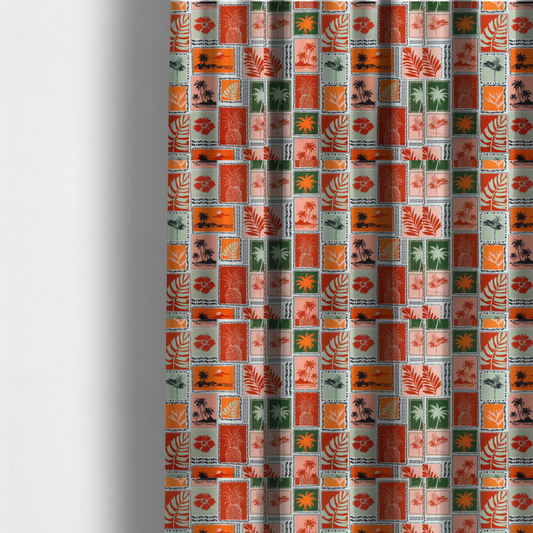 The fabric used to create these made-to-measure curtains is a retro tropical fabric pattern structured in a block-print postcard grid layout. The repeating design features rectangular tiles bordered by dashed and dotted black line work. Inside each tile is a distinct Hawaiian motif silhouette, including pineapples, hibiscus flowers, tropical monstera leaves, and sunset beach islands with palm trees.