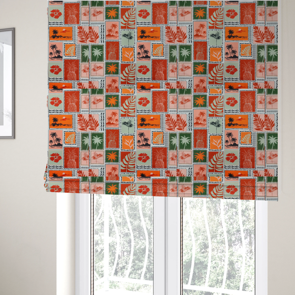 The fabric used to create these Roman blinds is a retro tropical fabric pattern structured in a block-print postcard grid layout. The repeating design features rectangular tiles bordered by dashed and dotted black line work. Inside each tile is a distinct Hawaiian motif silhouette, including pineapples, hibiscus flowers, tropical monstera leaves, and sunset beach islands with palm trees.
