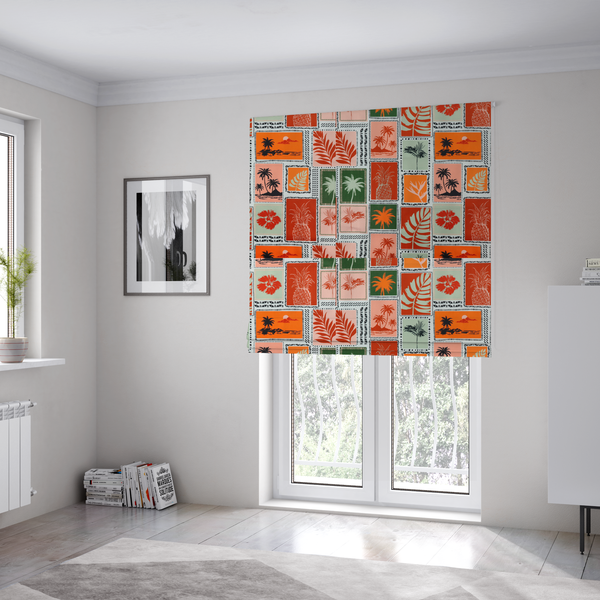 The fabric used to create these Roman blinds is a retro tropical fabric pattern structured in a block-print postcard grid layout. The repeating design features rectangular tiles bordered by dashed and dotted black line work. Inside each tile is a distinct Hawaiian motif silhouette, including pineapples, hibiscus flowers, tropical monstera leaves, and sunset beach islands with palm trees.