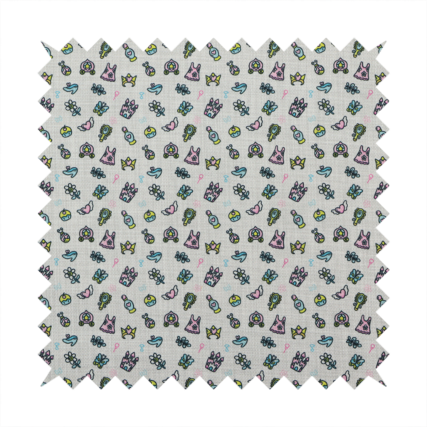 Fabric featuring a whimsical, miniature repeating pattern of pastel princess-themed doodles—including castles, carriages, and crowns—on a light grey linen-textured background.