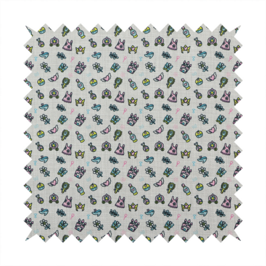 Fabric featuring a whimsical, miniature repeating pattern of pastel princess-themed doodles—including castles, carriages, and crowns—on a light grey linen-textured background.