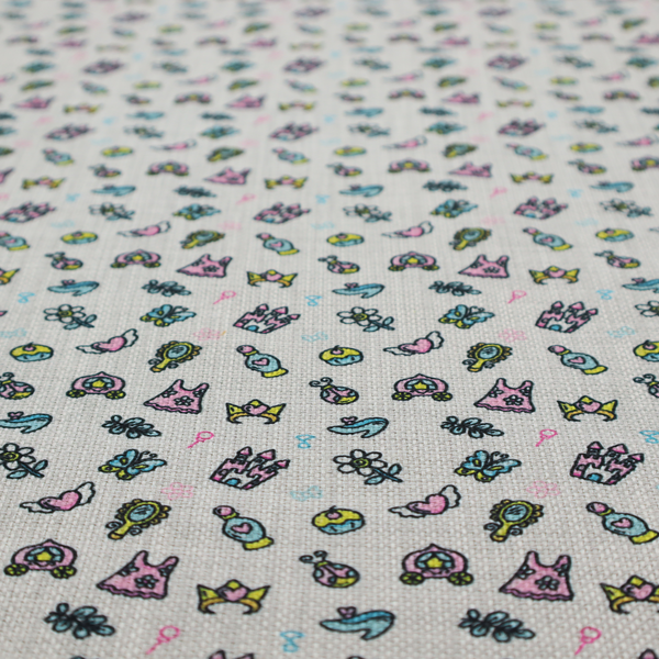 Fabric featuring a whimsical, miniature repeating pattern of pastel princess-themed doodles—including castles, carriages, and crowns—on a light grey linen-textured background.