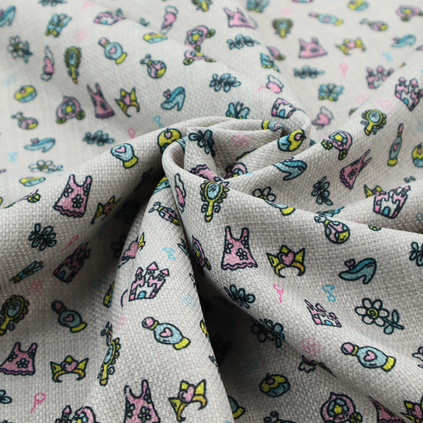 Fabric featuring a whimsical, miniature repeating pattern of pastel princess-themed doodles—including castles, carriages, and crowns—on a light grey linen-textured background.