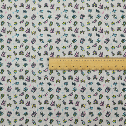 Fabric featuring a whimsical, miniature repeating pattern of pastel princess-themed doodles—including castles, carriages, and crowns—on a light grey linen-textured background.
