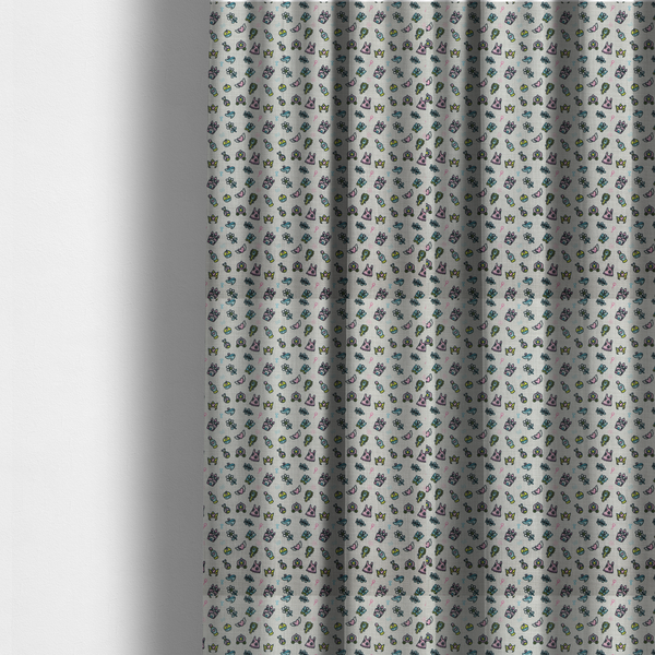 The fabric used to create these made-to-measure curtains is a  featuring a whimsical, miniature repeating pattern of pastel princess-themed doodles—including castles, carriages, and crowns—on a light grey linen-textured background.