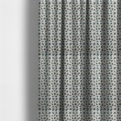 The fabric used to create these made-to-measure curtains is a  featuring a whimsical, miniature repeating pattern of pastel princess-themed doodles—including castles, carriages, and crowns—on a light grey linen-textured background.