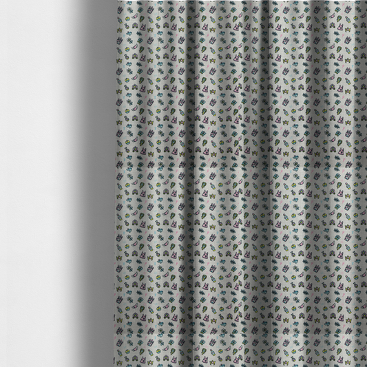 The fabric used to create these made-to-measure curtains is a  featuring a whimsical, miniature repeating pattern of pastel princess-themed doodles—including castles, carriages, and crowns—on a light grey linen-textured background.