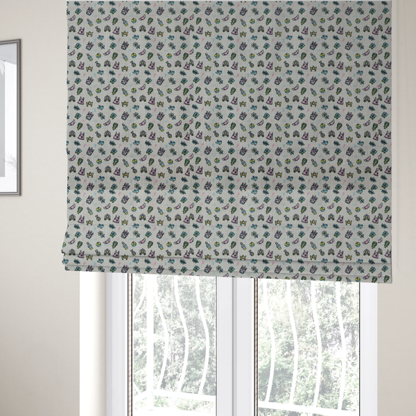 The fabric used to create these Roman blinds is a featuring a whimsical, miniature repeating pattern of pastel princess-themed doodles—including castles, carriages, and crowns—on a light grey linen-textured background.
