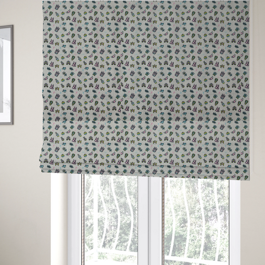 The fabric used to create these Roman blinds is a featuring a whimsical, miniature repeating pattern of pastel princess-themed doodles—including castles, carriages, and crowns—on a light grey linen-textured background.