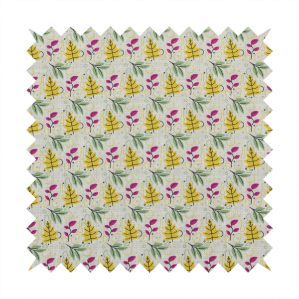 Fabric featuring a whimsical, Scandinavian-style botanical print with rows of tiny yellow oak leaves, magenta sprigs, and green foliage on a light grey linen-textured background.