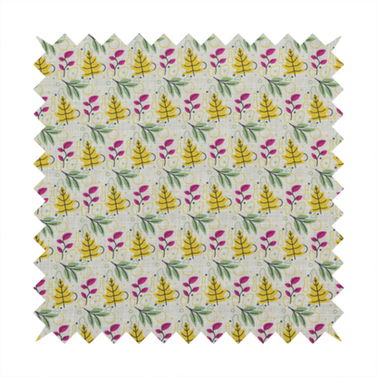 Fabric featuring a whimsical, Scandinavian-style botanical print with rows of tiny yellow oak leaves, magenta sprigs, and green foliage on a light grey linen-textured background.