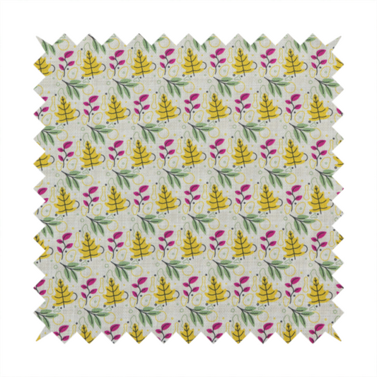 Fabric featuring a whimsical, Scandinavian-style botanical print with rows of tiny yellow oak leaves, magenta sprigs, and green foliage on a light grey linen-textured background.
