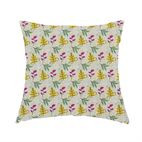 The fabric used to create this handmade cushion is a featuring a whimsical, Scandinavian-style botanical print with rows of tiny yellow oak leaves, magenta sprigs, and green foliage on a light grey linen-textured background.