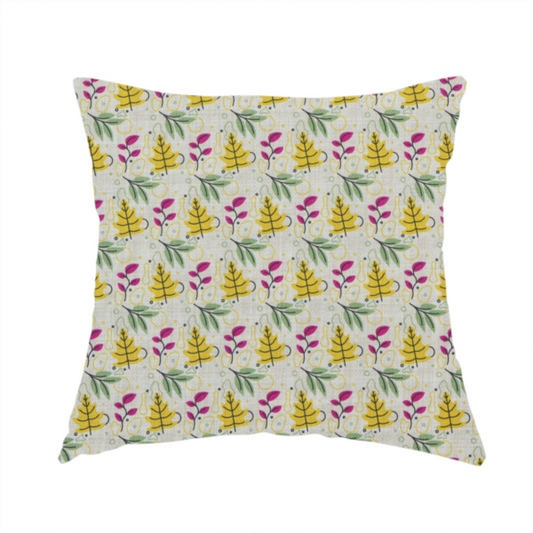 The fabric used to create this handmade cushion is a featuring a whimsical, Scandinavian-style botanical print with rows of tiny yellow oak leaves, magenta sprigs, and green foliage on a light grey linen-textured background.