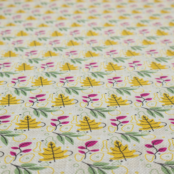 Fabric featuring a whimsical, Scandinavian-style botanical print with rows of tiny yellow oak leaves, magenta sprigs, and green foliage on a light grey linen-textured background.