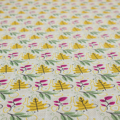 Fabric featuring a whimsical, Scandinavian-style botanical print with rows of tiny yellow oak leaves, magenta sprigs, and green foliage on a light grey linen-textured background.