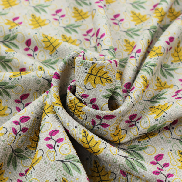 Fabric featuring a whimsical, Scandinavian-style botanical print with rows of tiny yellow oak leaves, magenta sprigs, and green foliage on a light grey linen-textured background.