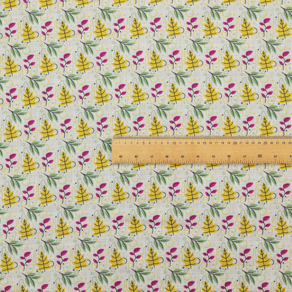 Fabric featuring a whimsical, Scandinavian-style botanical print with rows of tiny yellow oak leaves, magenta sprigs, and green foliage on a light grey linen-textured background.